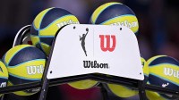 A view of the Wilson logo and WNBA logo and basketballs before the game between the Dallas Wings and the New York Liberty at College Park Center.