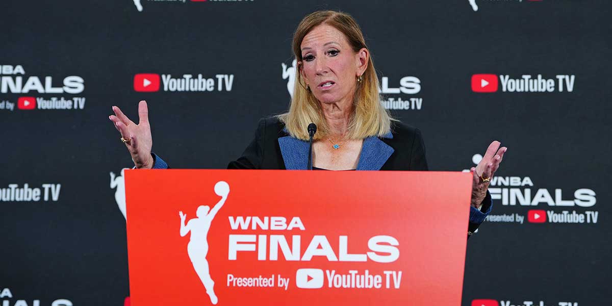 WNBA Commissioner Cathy Engelbert talks during a presser before the start of game one of the 2025 WNBA Finals between the Phoenix Mercury and the Las Vegas Aces at Michelob Ultra Arena.