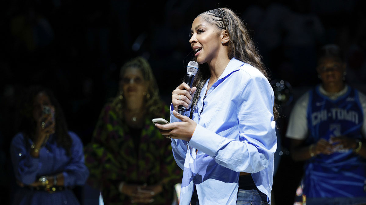 Chicago Sky franchise legend and WNBA Champion Candace Parker speaks during her jersey retainment ceremony during a WNBA game between the Chicago Sky and Las Vegas Aces at Wintrust Arena.