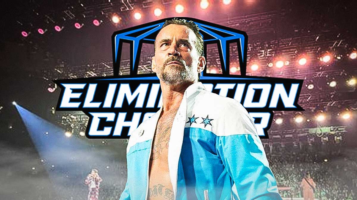 WWE star CM Punk with Elimination Chamber PLE logo in front of United Center, the rumored location of the 2026 PLE.