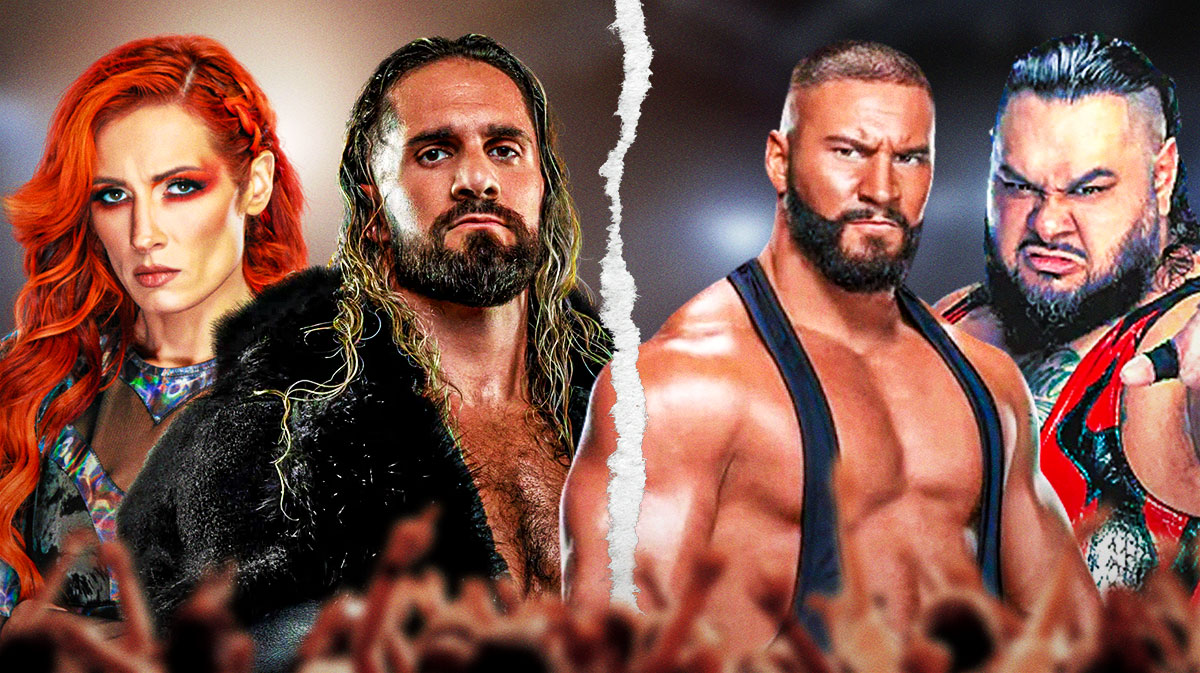 Becky Lynch and Seth Rollins next to WWE the Vision members Bron Breakker and Bronson Reed.