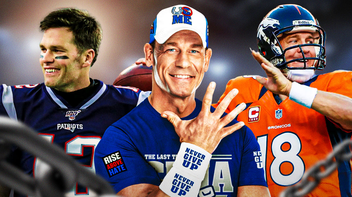 WWE Superstar John Cena in between Tom Brady and Peyton Manning.
