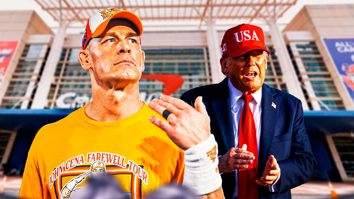 John Cena and President Donald Trump, who was invited to his final WWE match in Washington, DC, with Capital One Arena background.