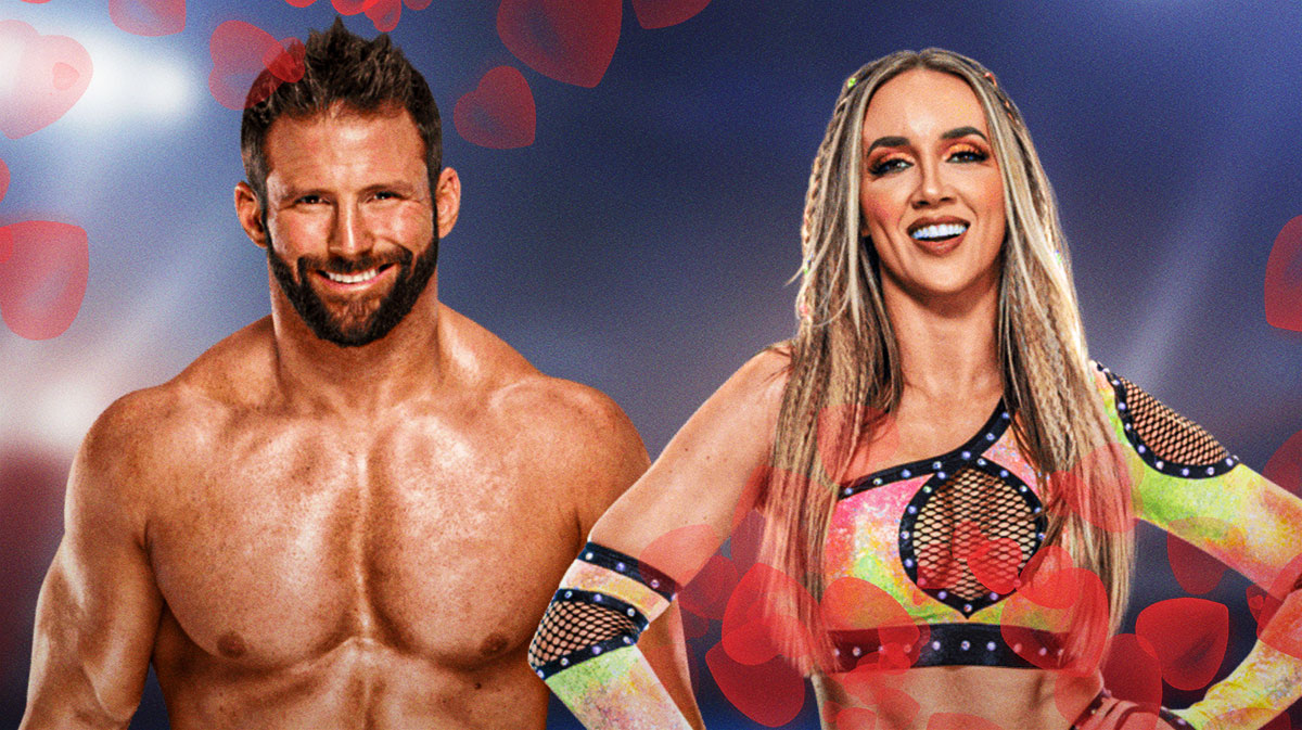Former WWE star Matt Cardona and Chelsea Green, his wife, with hearts around them.