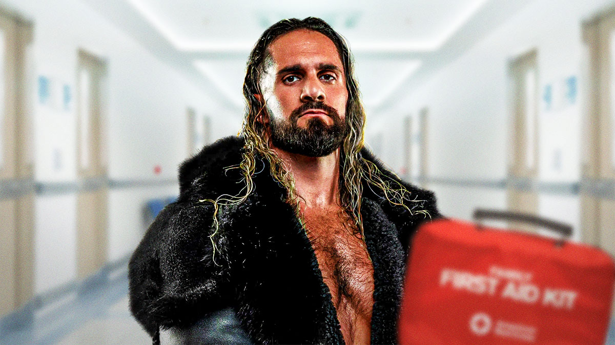 WWE star Seth Rollins, who may need surgery to repair his shoulder injury, with a hospital background.