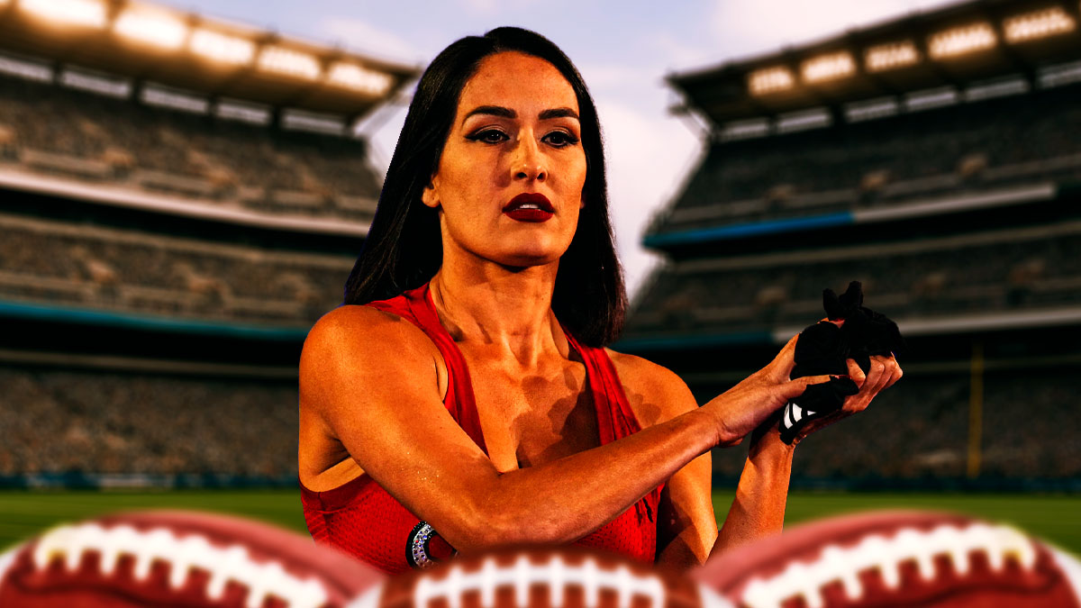 WWE star Nikki Bella, with Lincoln Financial Field background, where the Philadelphia Eagles play.