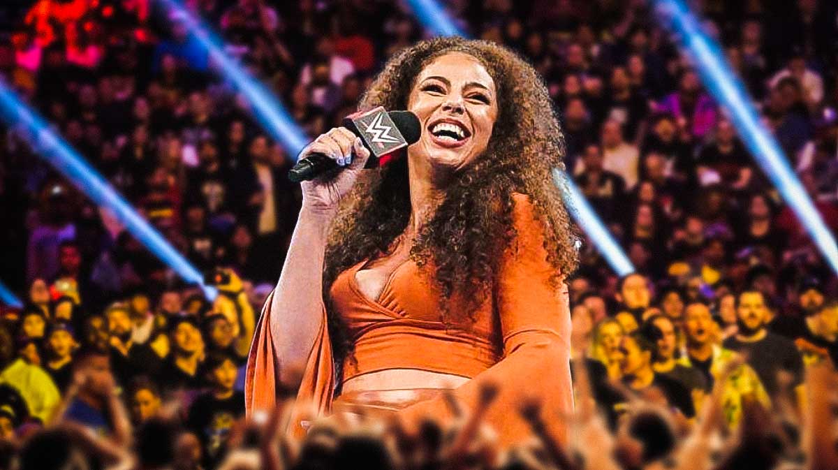 Former WWE ring announcer Samantha Irvin with crowd background.