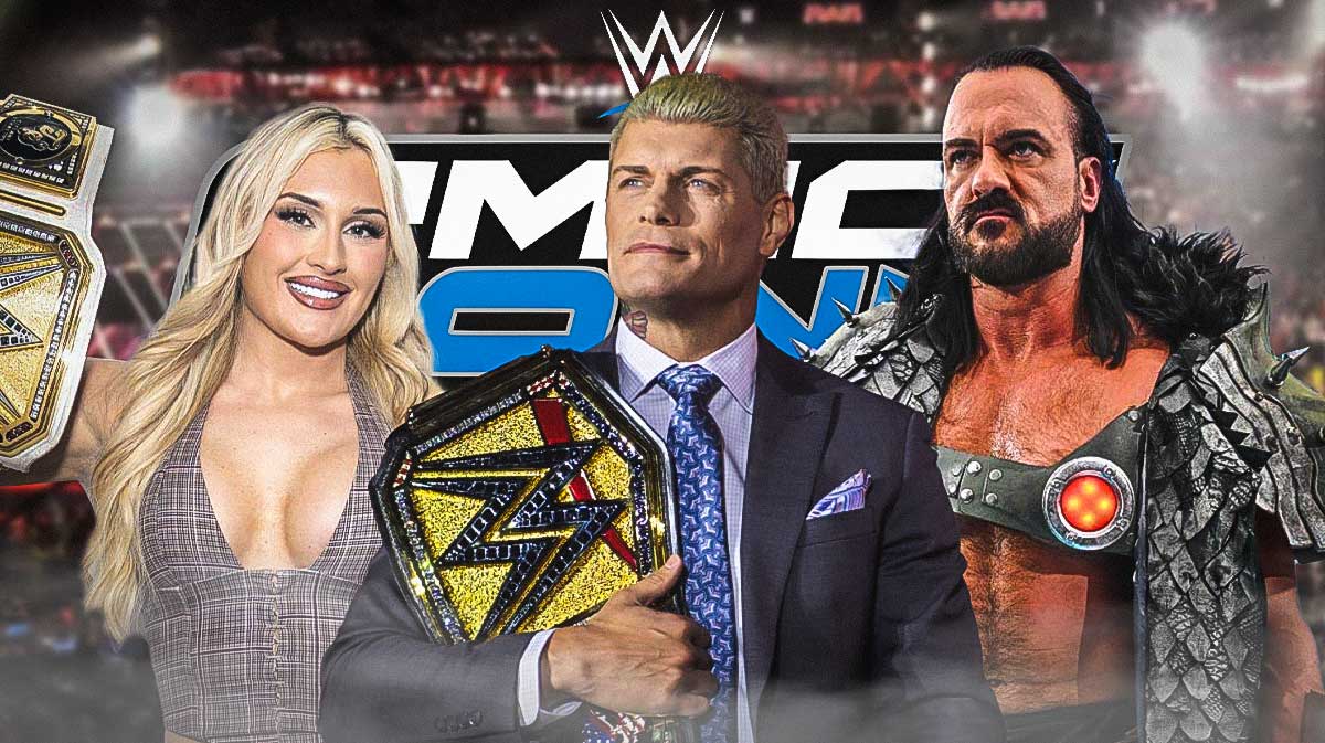 WWE Friday Night SmackDown logo with Superstars Tiffany Stratton, Cody Rhodes, and Drew McIntyre.