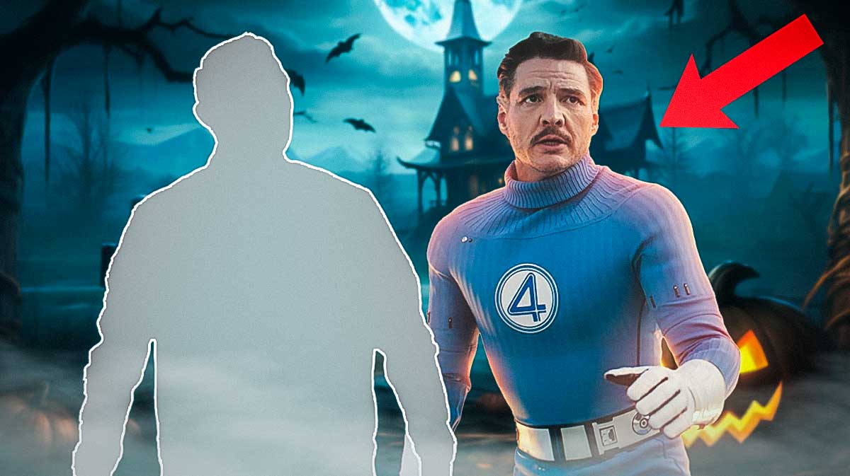 Silhouette of WWE star Johnny Gargano next to Pedro Pascal as Reed Richards from Marvel's Fantastic Four: First Steps with Halloween background.