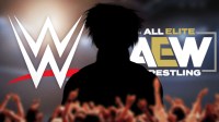 Silhouette of Enzo Amore, who was released by WWE, with logos of the company and AEW.