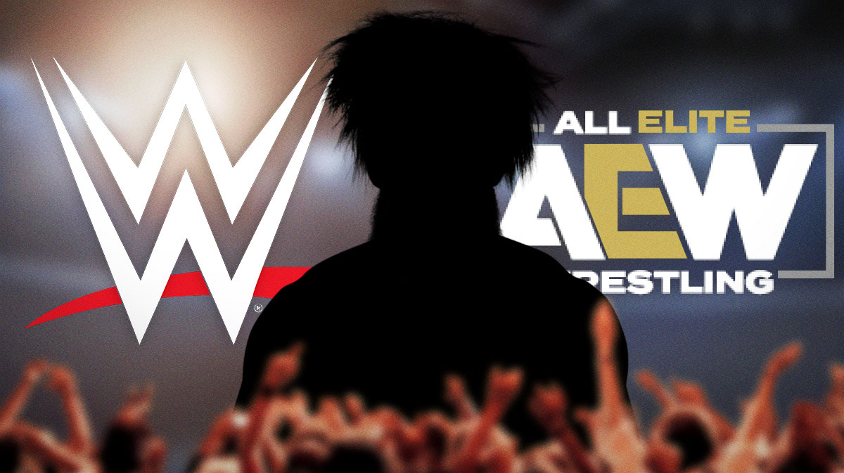 Silhouette of Enzo Amore, who was released by WWE, with logos of the company and AEW.