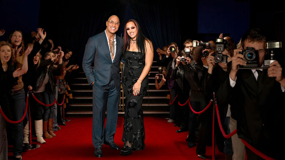 The Smashing Machine star Dwayne The Rock Johnson next to his daughter and current WWE star Ava on red carpet.