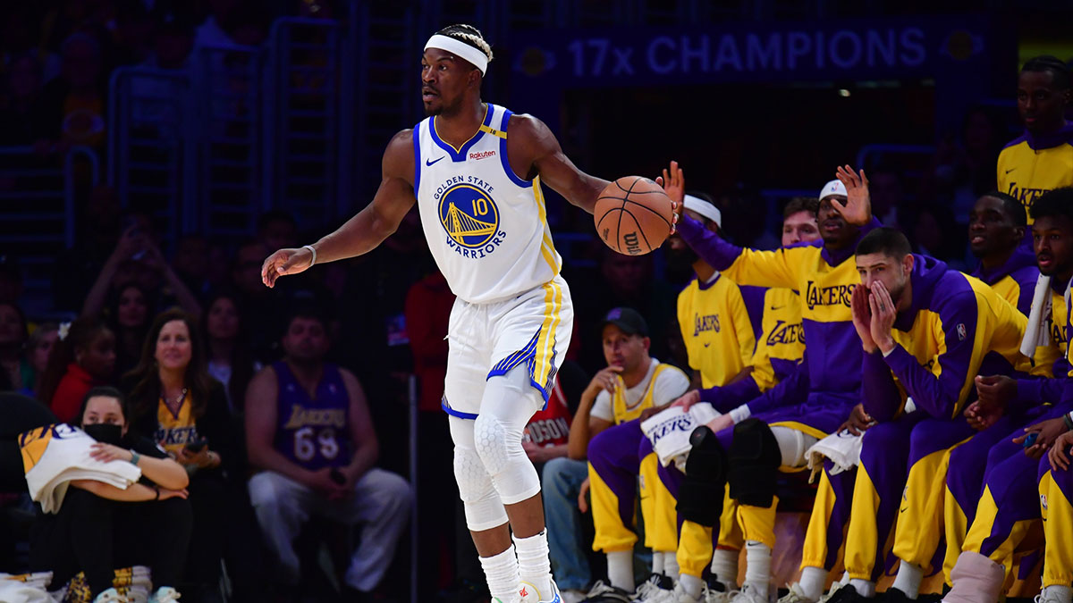 Golden State Warriors forward Jimmy Butler III (10) controls the ball against the against the Los Angeles Lakers during the first half at Crypto.com Arena.