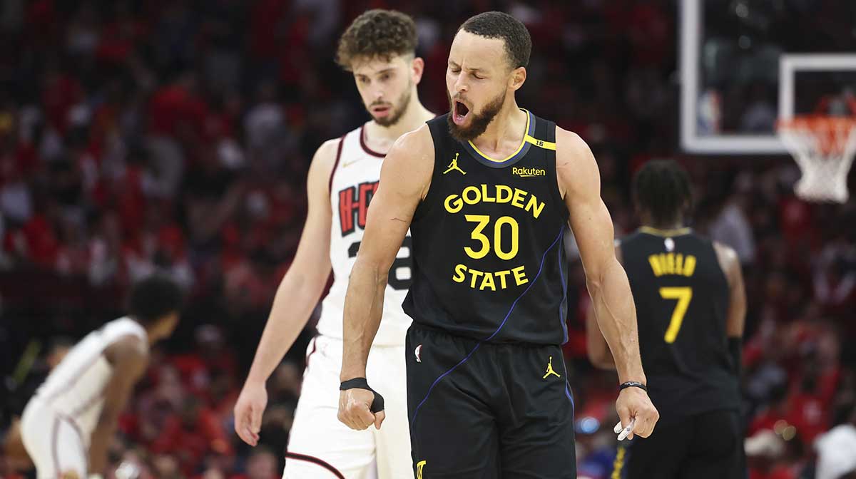 Golden State Warriors guard Stephen Curry (30) reacts after a play during game seven of the first round for the 2025 NBA Playoffs against the Houston Rockets at Toyota Center.