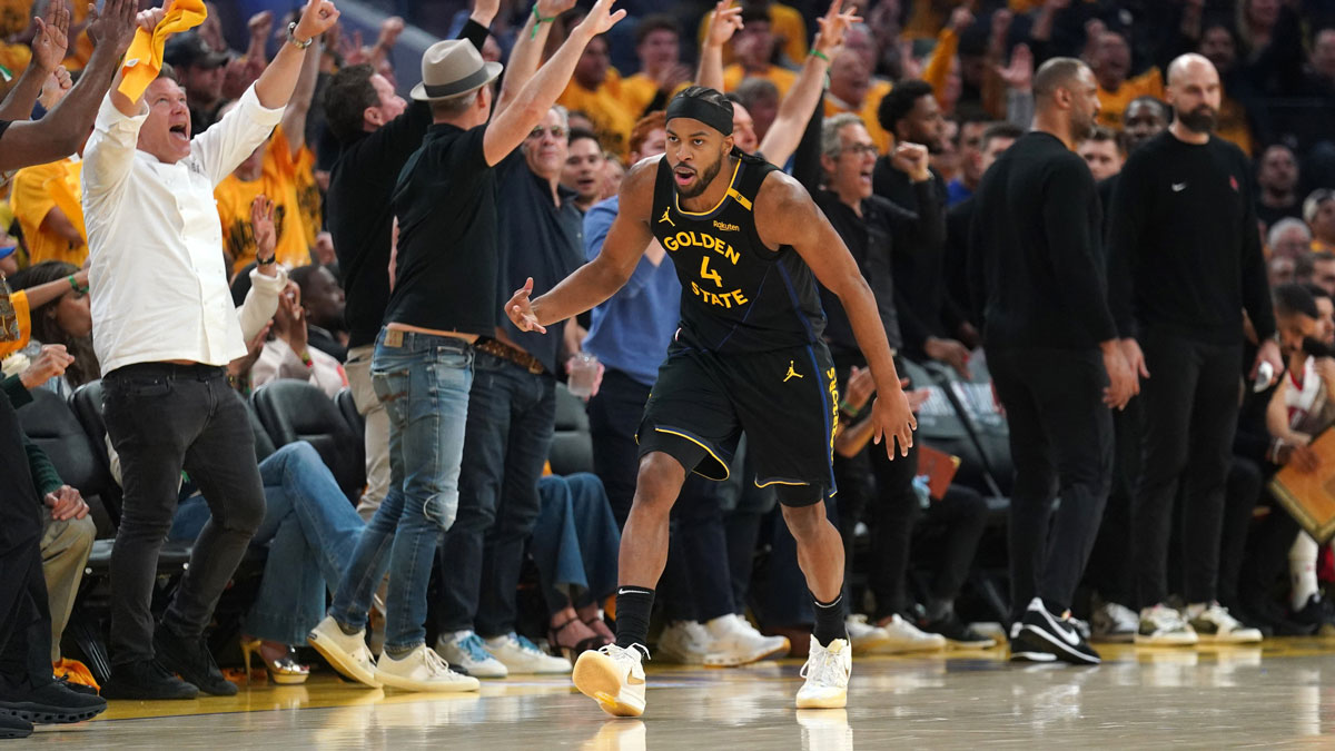 Golden State Warriors guard Moses Moody (4) reacts after making a three-point basket against the Houston Rockets in the second quarter of game six of the first round for the 2025 NBA Playoffs at Chase Center
