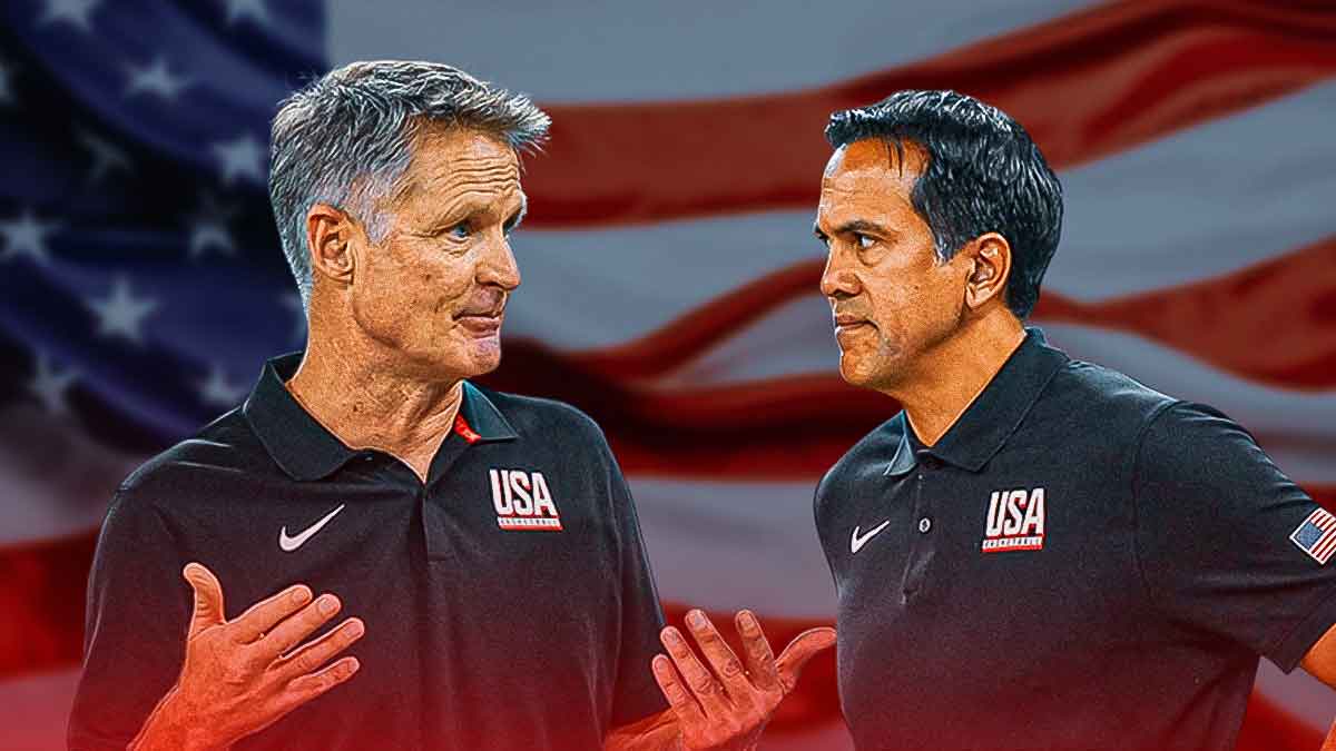 Erik Spoelstra and Steve Kerr smiling together with the USA flag in the background