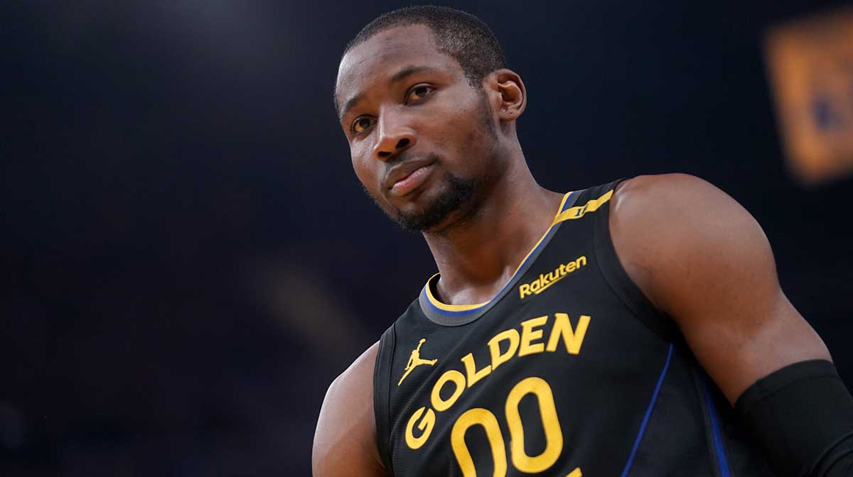 Warriors forward Jonathan Kuminga (00) stands on the court before a play against the Minnesota Timberwolves in the second quarter during game four of the second round for the 2025 NBA Playoffs at Chase Center