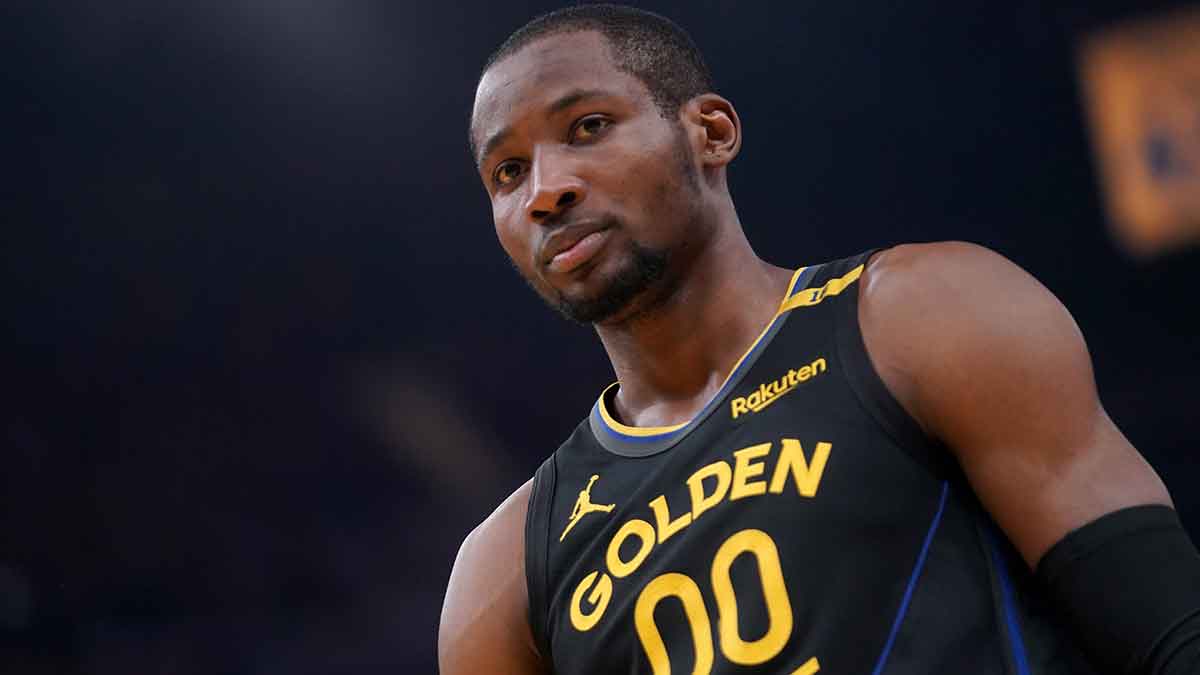 Warriors forward Jonathan Kuminga (00) stands on the court before a play against the Minnesota Timberwolves in the second quarter during game four of the second round for the 2025 NBA Playoffs at Chase Center