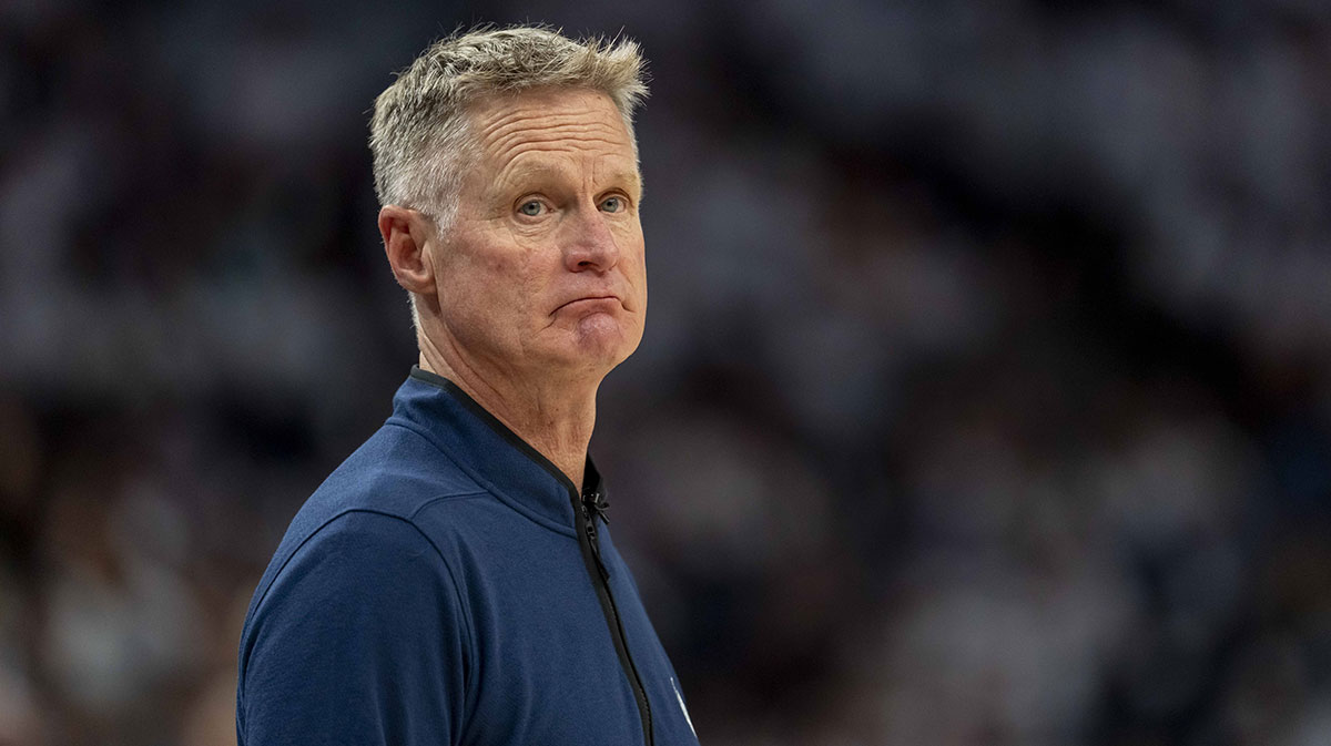 Warriors head coach Steve Kerr looks on against the Minnesota Timberwolves in the second half during game five of the second round for the 2025 NBA Playoffs at Target Center