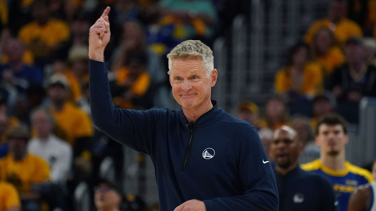 Warriors head coach Steve Kerr signals to the players during a game against the Minnesota Timberwolves in the third quarter during game three in the second round of the 2025 NBA Playoffs at Chase Center