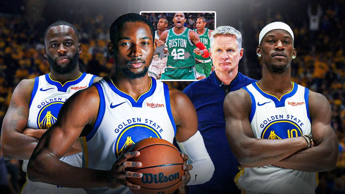 Steve Kerr and Jonathan Kuminga with Draymond Green and Jimmy Butler and Al Horford's pictures in puzzle pieces