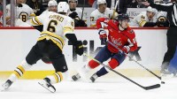 Washington Capitals left wing Pierre-Luc Dubois (80) skates with the puck against as Boston Bruins defenseman Mason Lohrei (6) defends during the third period at Capital One Arena.