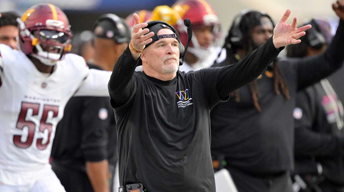 Washington Commanders head coach Dan Quinn reacts in the second half against the Los Angeles Chargers at SoFi Stadium.