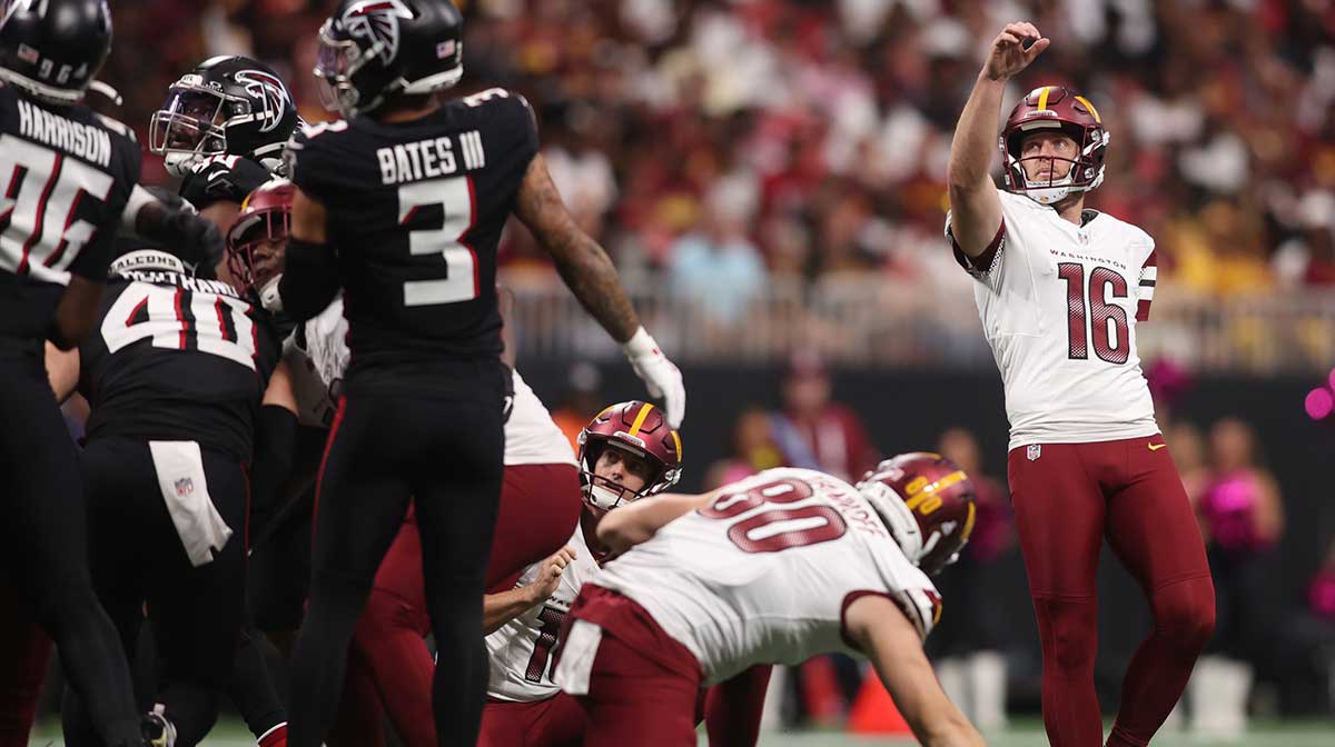 Washington Commanders kicker Matt Gay (16) makes a field goal