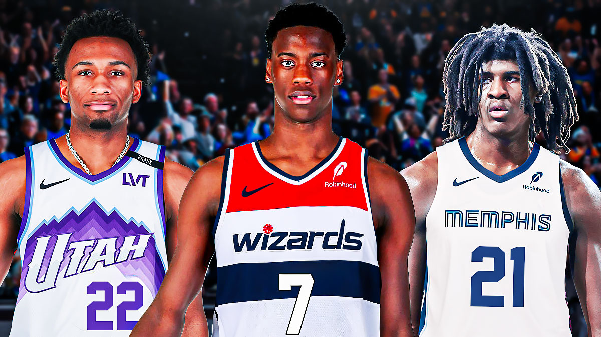 Darryn Peterson photoshopped in Jazz jersey, AJ Dybantsa photoshopped in Wizards jersey, Jayden Quaintance photoshopped in Grizzlies jersey. NBA Draft logo front and center.
