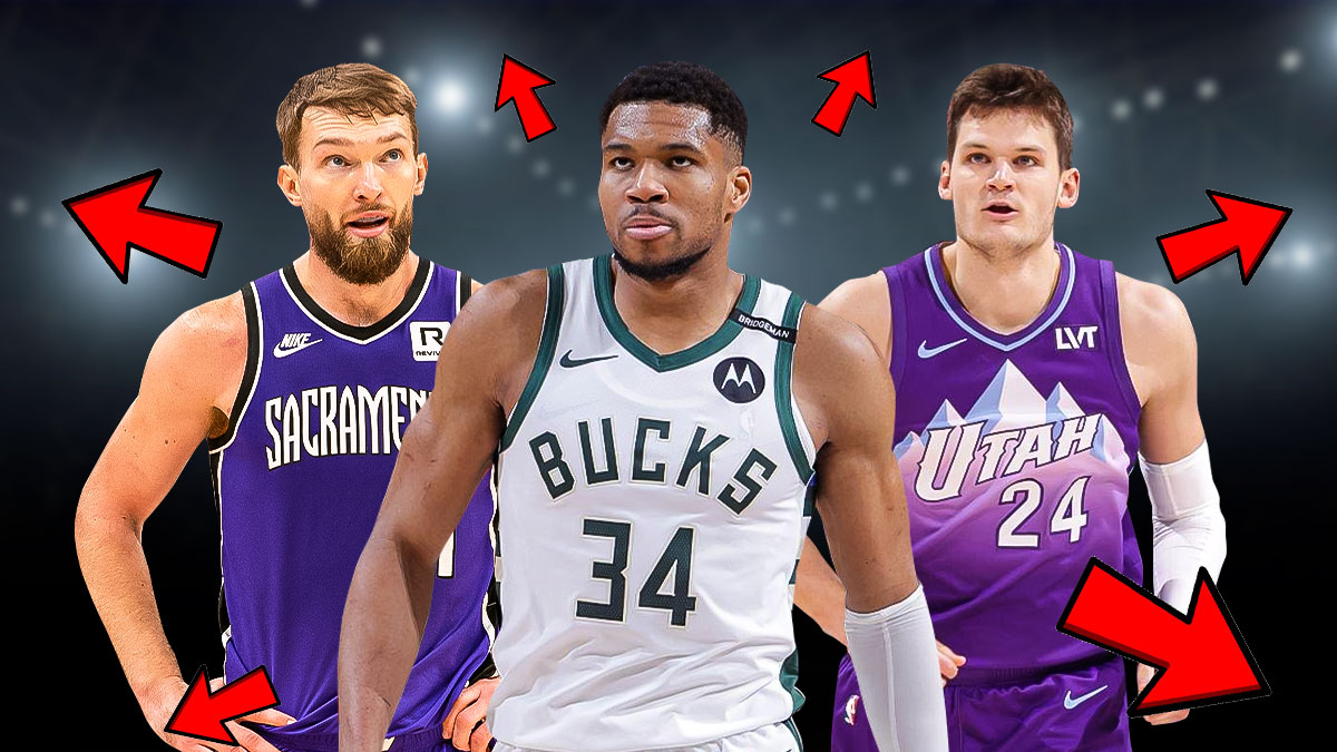 Giannis Antetokounmpo, Domantas Sabonis, Walker Kessler all together with arrows pointing away from them on the graphic.