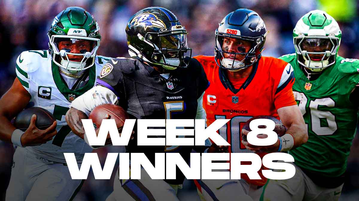 Ravens' Tyler Huntley, Jets' Justin Fields, Broncos' Bo Nix and Eagles' Saquon Barkley "Week 8 Winners" at the bottom