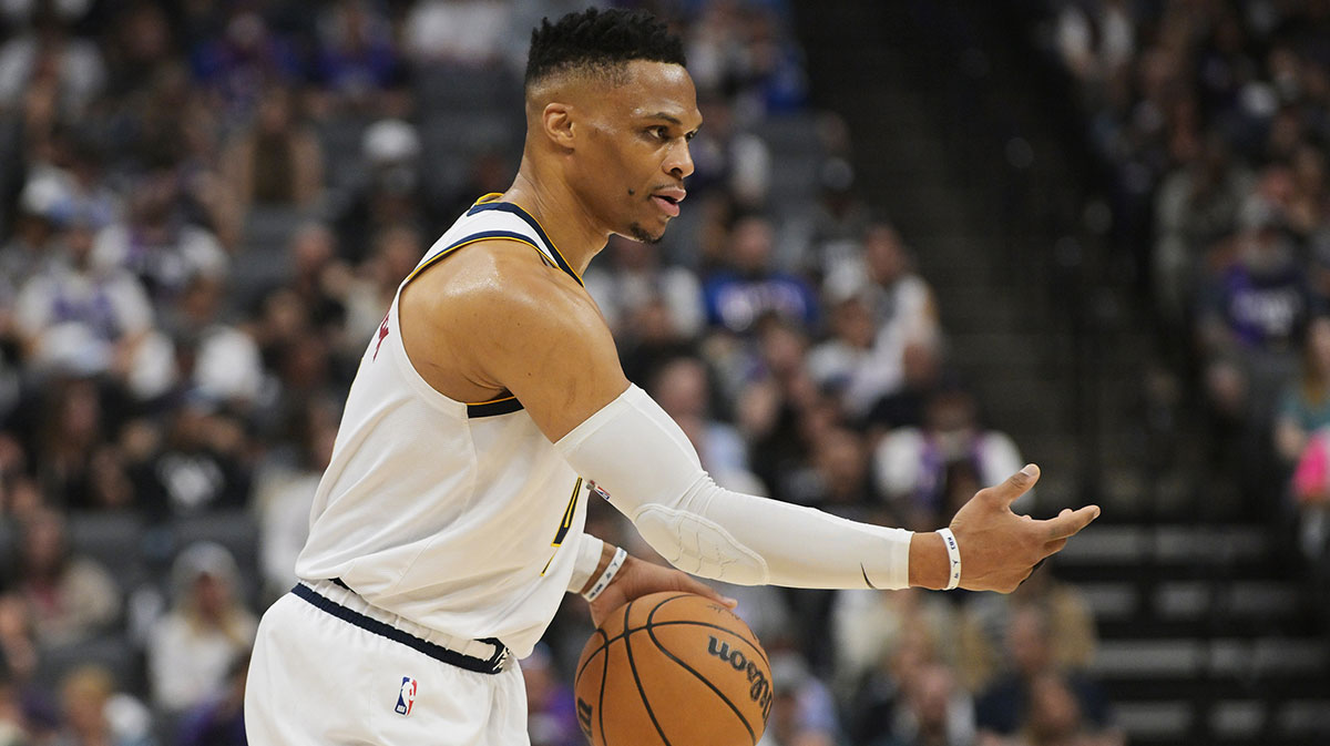 Denver Nuggets guard Russell Westbrook (4) directs his team against the Sacramento Kings during the first quarter at Golden 1 Center.
