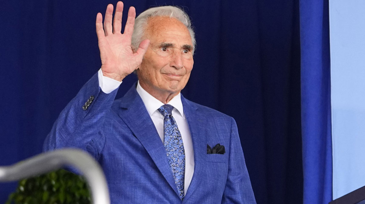 Jul 27, 2025; Cooperstown, NY, USA; Hall of Fame Sandy Koufax is introduced during the Baseball Hall of Fame Induction Ceremony at the Clark Sports Center. Mandatory Credit: Gregory Fisher-Imagn Images