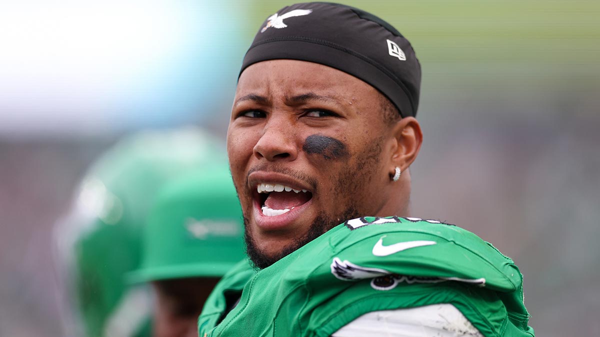 Philadelphia Eagles running back Saquon Barkley (26) reacts on from the sideline during the fourth quarter against the New York Giants at Lincoln Financial Field