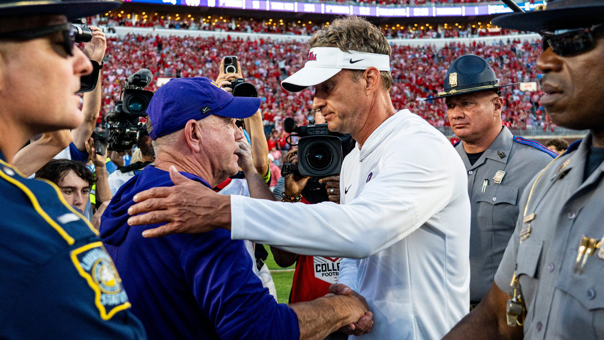 LSU head coach Brian Kelly and Ole Miss head coach Lane Kiffin shake hands after a college football game between Ole Miss and LSU at Vaught-Hemingway Stadium in Oxford, Miss., on Saturday, Sept. 27, 2025. Ole Miss defeated LSU 24-19.