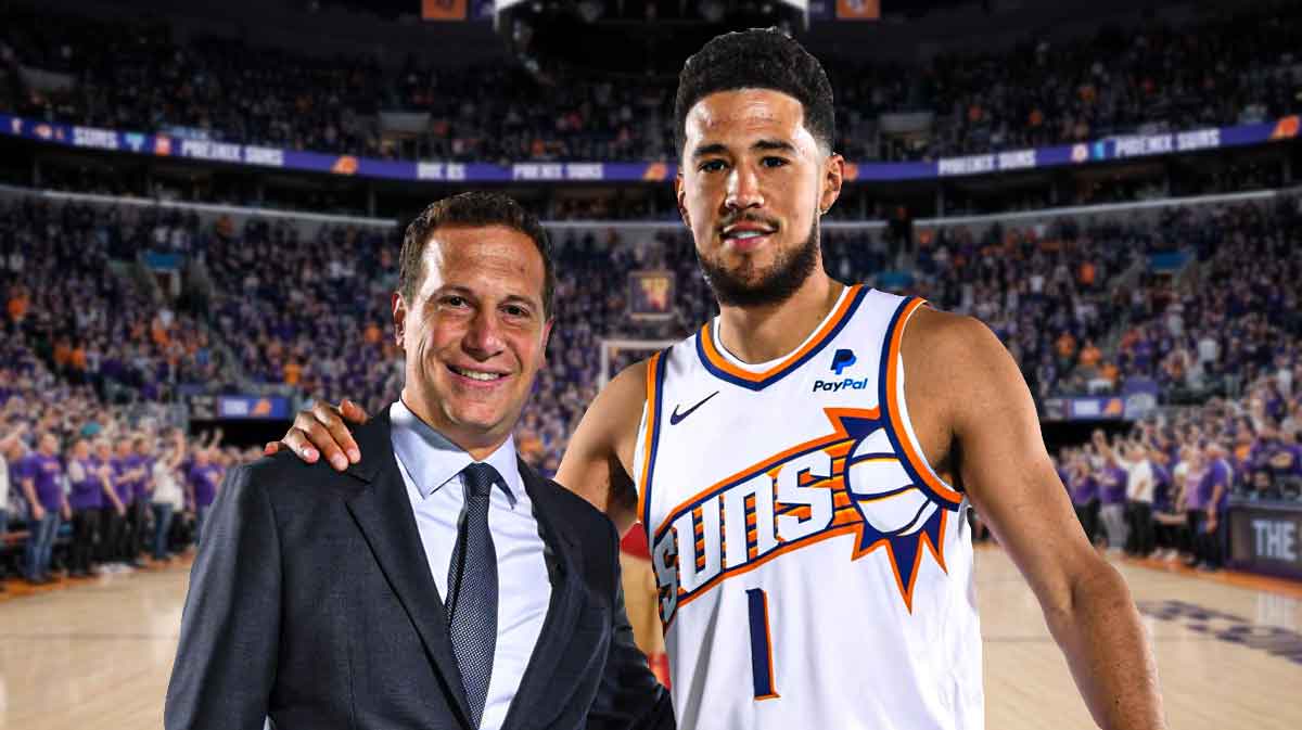 Phoenix Suns owner Mat Ishbia and shooting guard Devin Booker smiling, with silhouettes of fans below them and a background of the Suns arena.