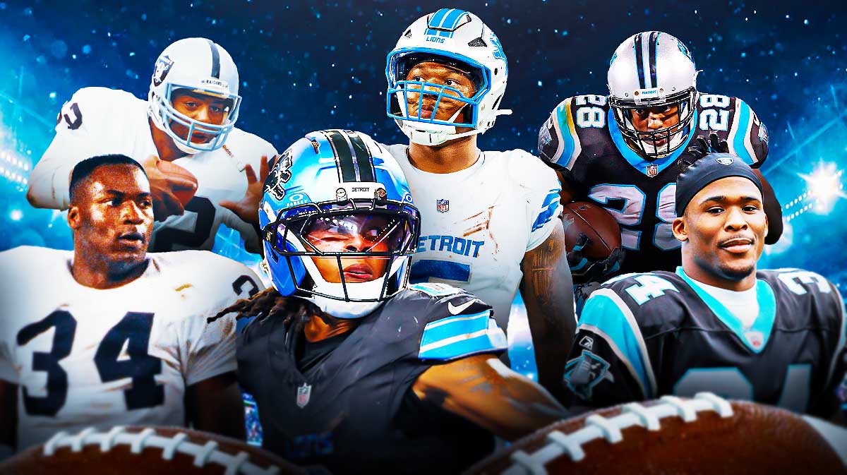 Jahmyr Gibbs and David Montgomery in the middle. Bo Jackson and Marcus Allen on Raiders on the left side of graphic. DeAngelo Williams and Jonathan Stewart on Panthers on right side of the graphic.