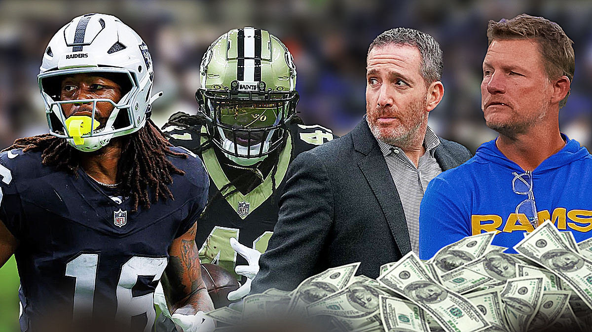 Jakobi Meyers and Alvin Kamara on one side. Les Snead and Howie Roseman with money on the other side.