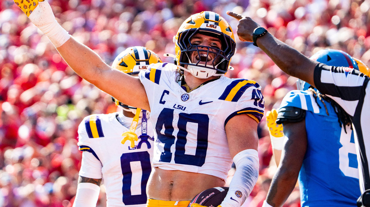 LSU linebacker Whit Weeks (40) gestures toward the crowd after a turnover during a college football game between Ole Miss and LSU.