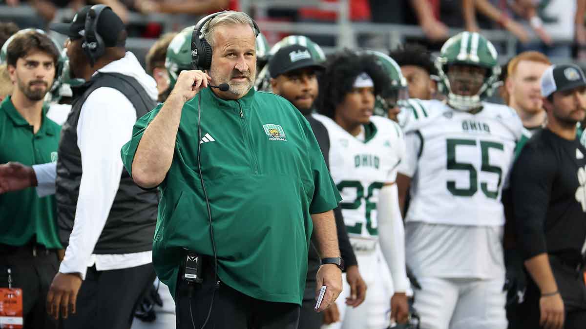 Ohio Bobcats head coach Brian Smith coaches during the first quarter against the Ohio State Buckeyes during the second half at Ohio Stadium.