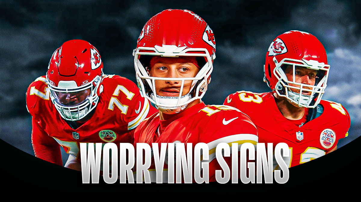 Patrick Mahomes, Jack Cochrane, Jaylon Moore beside each other, Dark clouds in the background