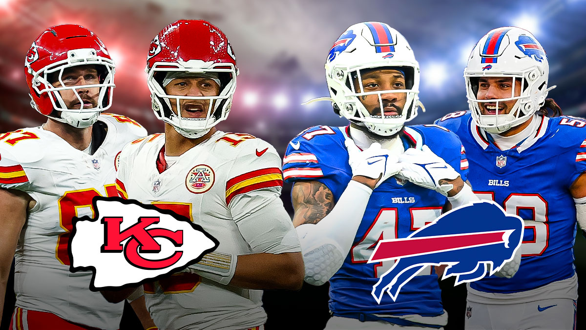 Chiefs' Patrick Mahomes and Travis Kelce with Chiefs logo on one side, Bills' Christian Benford and Matt Milano with Bills logo on the other side