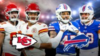 Chiefs' Patrick Mahomes and Travis Kelce with Chiefs logo on one side, Bills' Christian Benford and Matt Milano with Bills logo on the other side