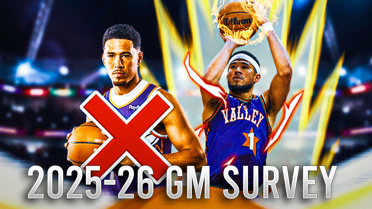 The phrase "2025-26 GM survey" is at the top of the image. Below it, is Devin Booker with a big, red X going through him. To his right, is another photo of Booker shooting a ball a fire, with a Super Saiyan glow around him. There's also a background of the Phoenix Suns home arena.