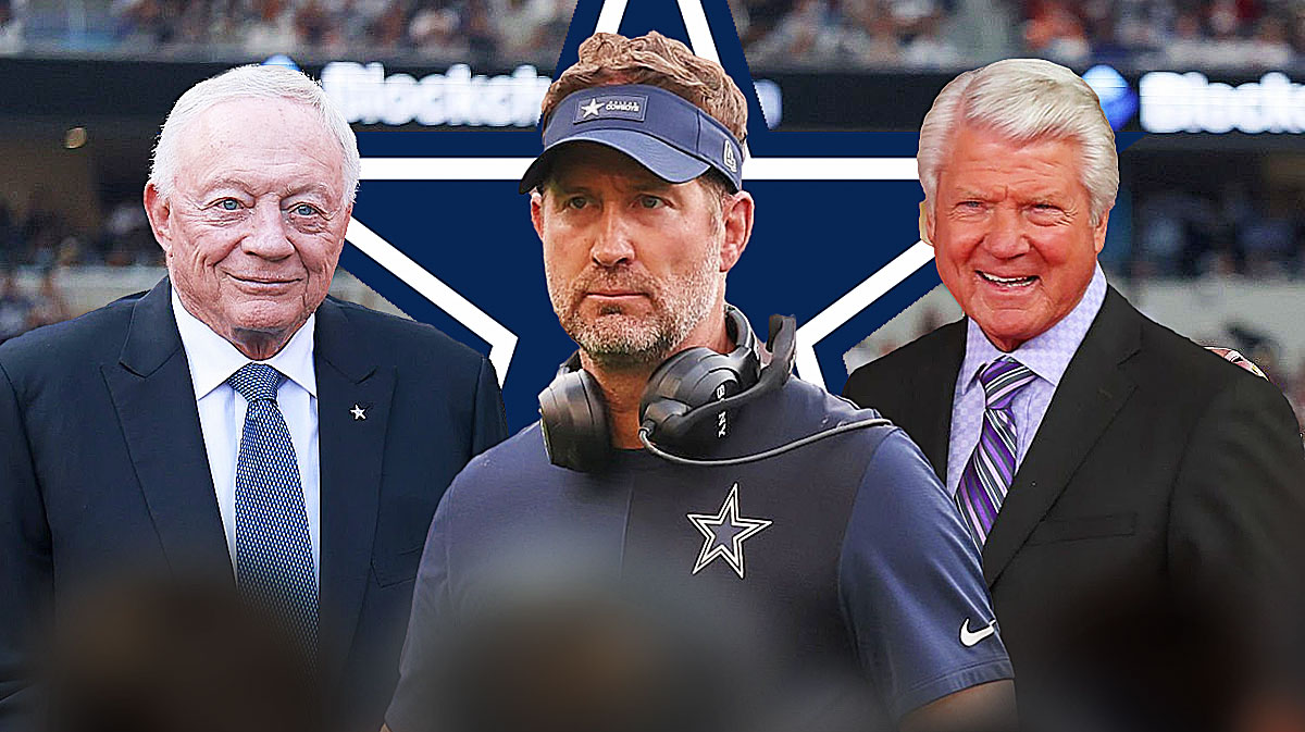 Graphic with Jerry Jones, Jimmy Johnson, and Brian Schottenheimer with Cowboys logo and AT&T Stadium in the background