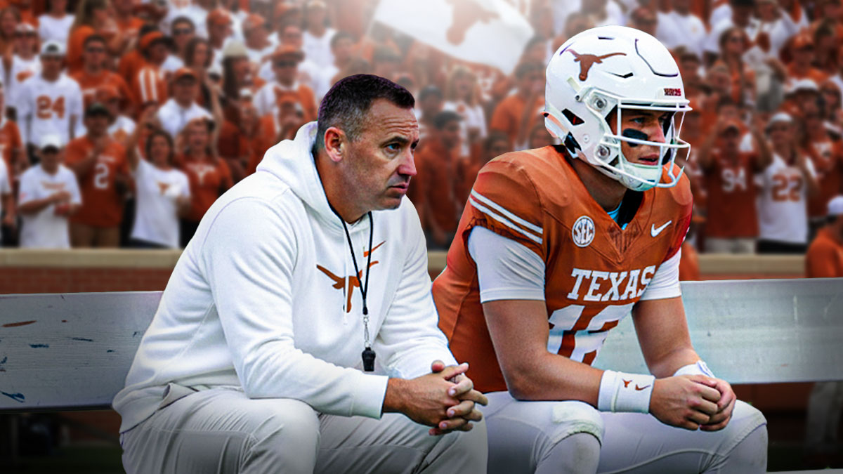 Steve Sarkisian and Arch Manning with a Bench (Metal side line bench players sit on) Texas Logo in the background.