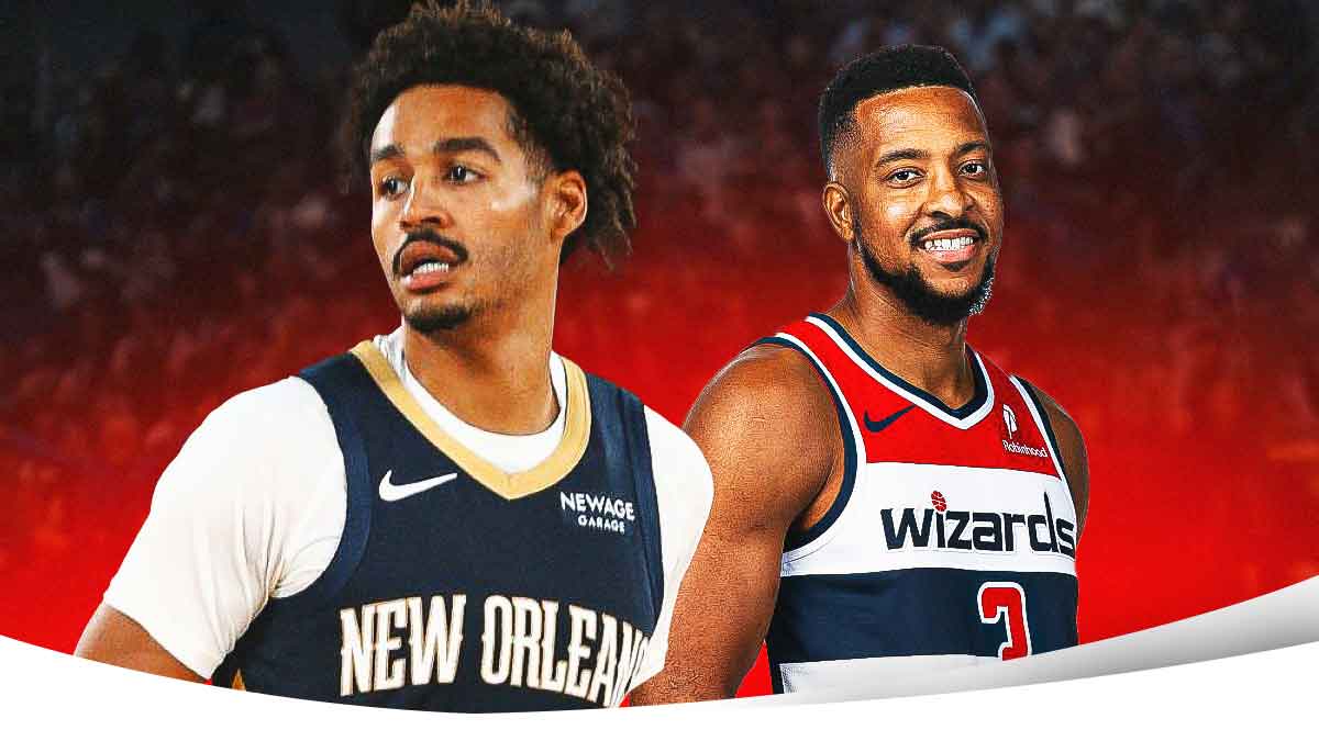 Jordan Poole (Pelicans jersey) next to CJ McCollum (Wizards jersey)