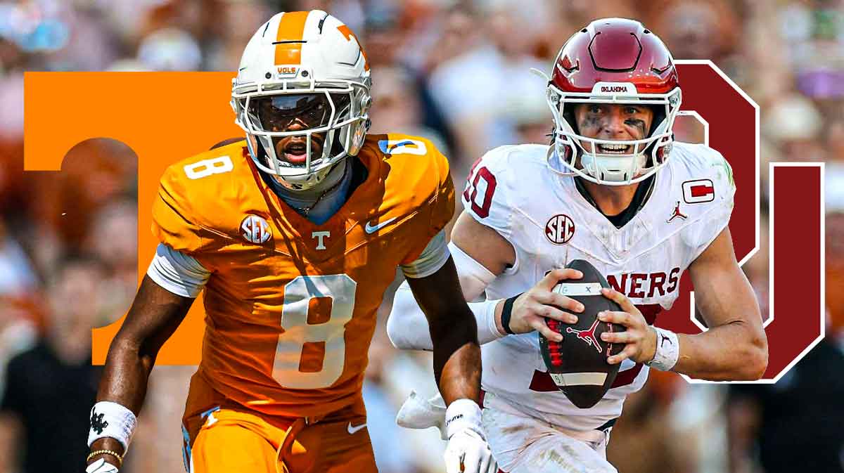 Tennessee DB Colton Hood with Tennessee logo on one side, Oklahoma QB John Mateer with Oklahoma logo on the other. Neyland Stadium in the background