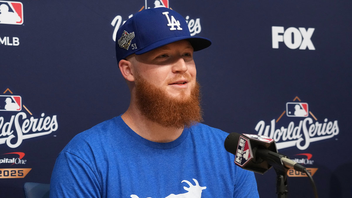 Los Angeles Dodgers pitcher Will Klein (61) speaks in a press conference before game four of the 2025 MLB World Series against the Toronto Blue Jays at Dodger Stadium.