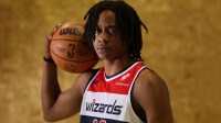 Washington Wizards guard Tre Johnson (12) poses for a portrait during Wizards Media Day at CareFirst Arena.